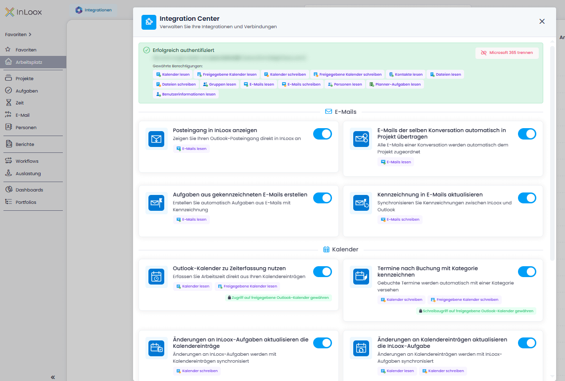 Integration Center in InLoox: Ihre Schaltzentrale für Microsoft 365 (Outlook, SharePoint & mehr)