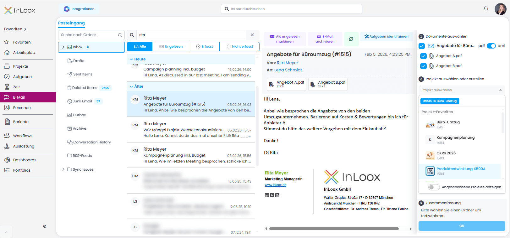 Neuer E-Mail-Bereich in InLoox: Mails und Anhänge ablegen, automatisch nachverfolgen, Projektvorschläge erhalten