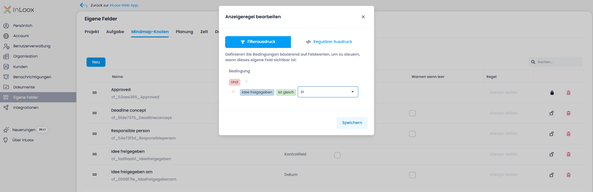 Filterdesigner für Anzeigeregeln von eigenen Feldern