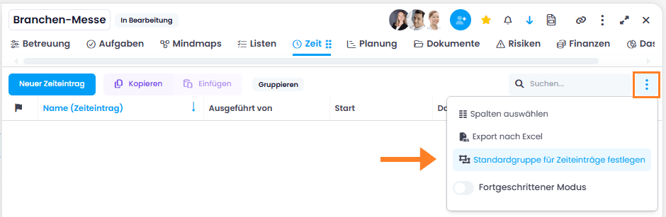 Standardgruppe pro Projekt für Zeiteinträge festlegen