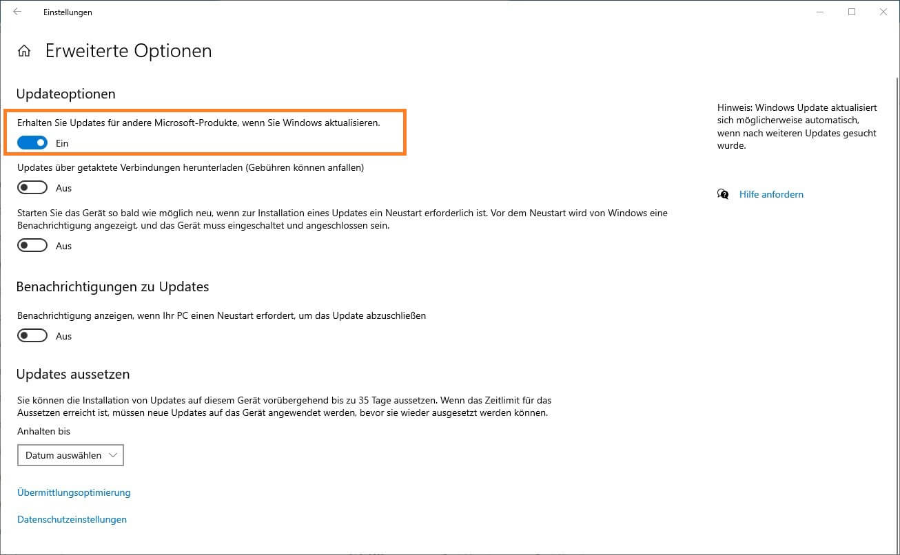 Schieberegler Updates für Microsoft Produkte