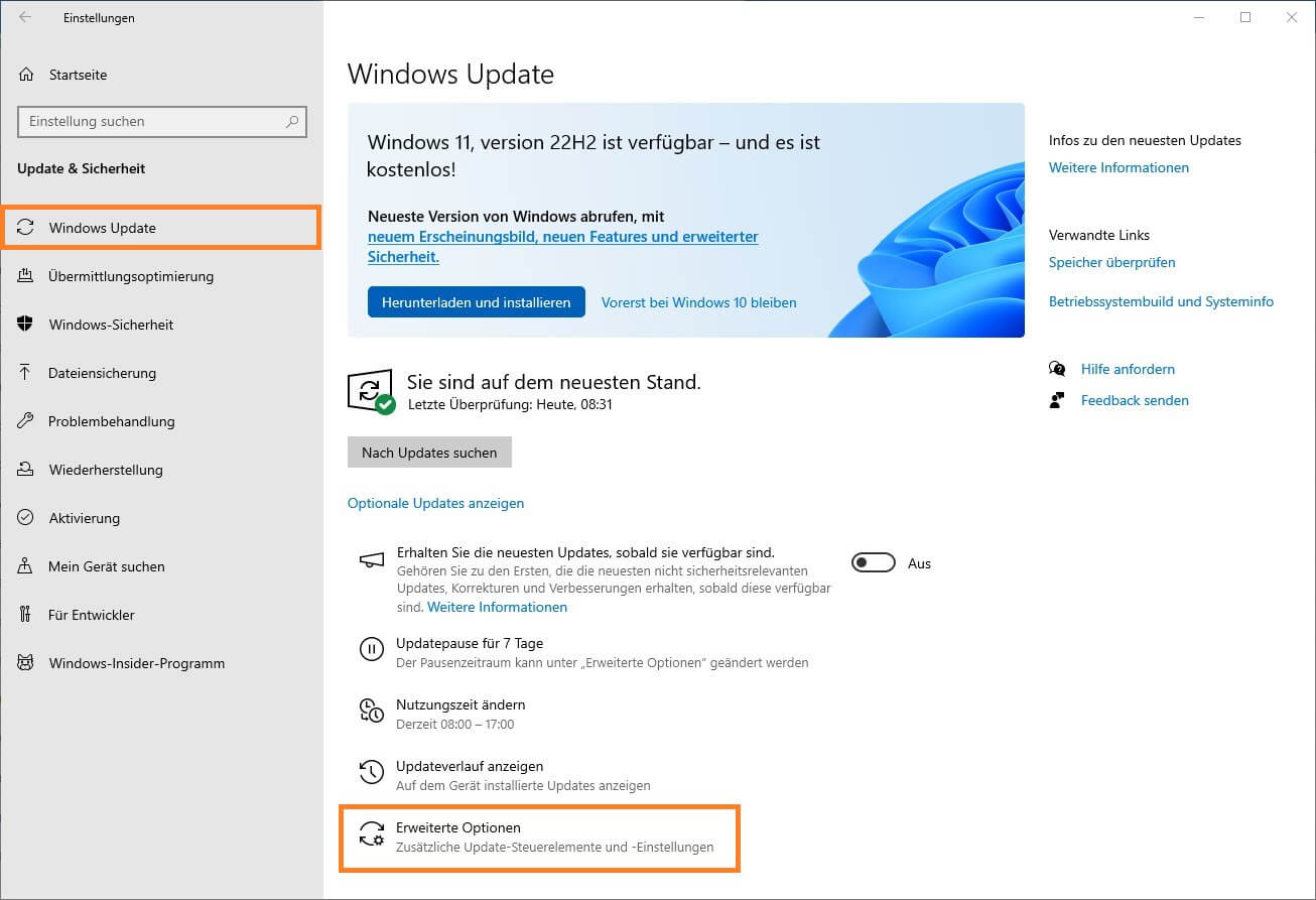 Windows Update - Erweitere Optionen