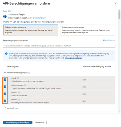 Delegierte und OpenId-Berechtigungen