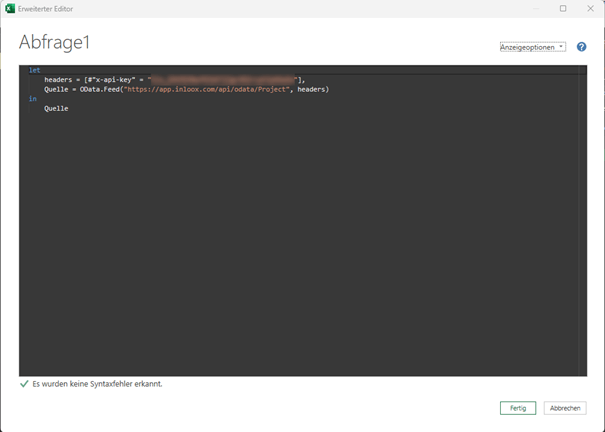 Abfrage zu x-api-key und OData.Feed eingeben