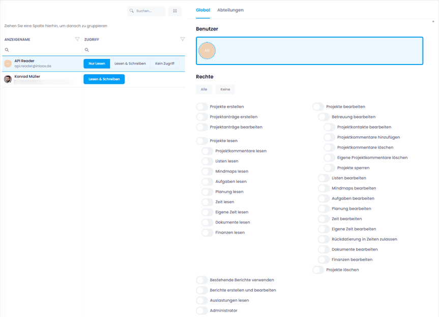 API-Reader: Neuer Benutzer mit lesendem Zugriff