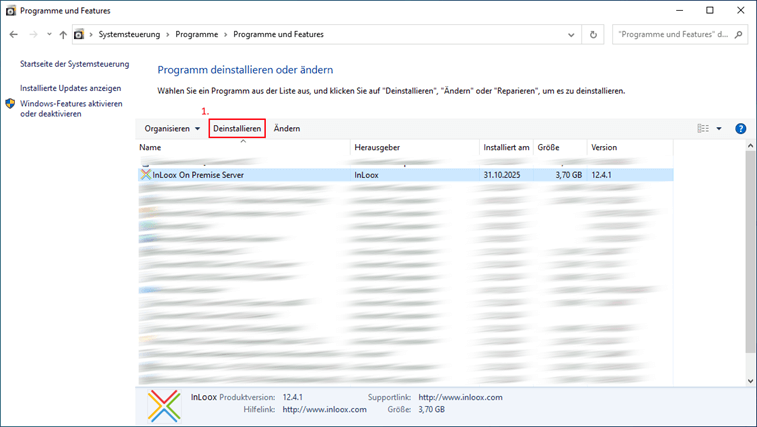 Klick auf "Deinstallieren" beim InLoox On Premise Server