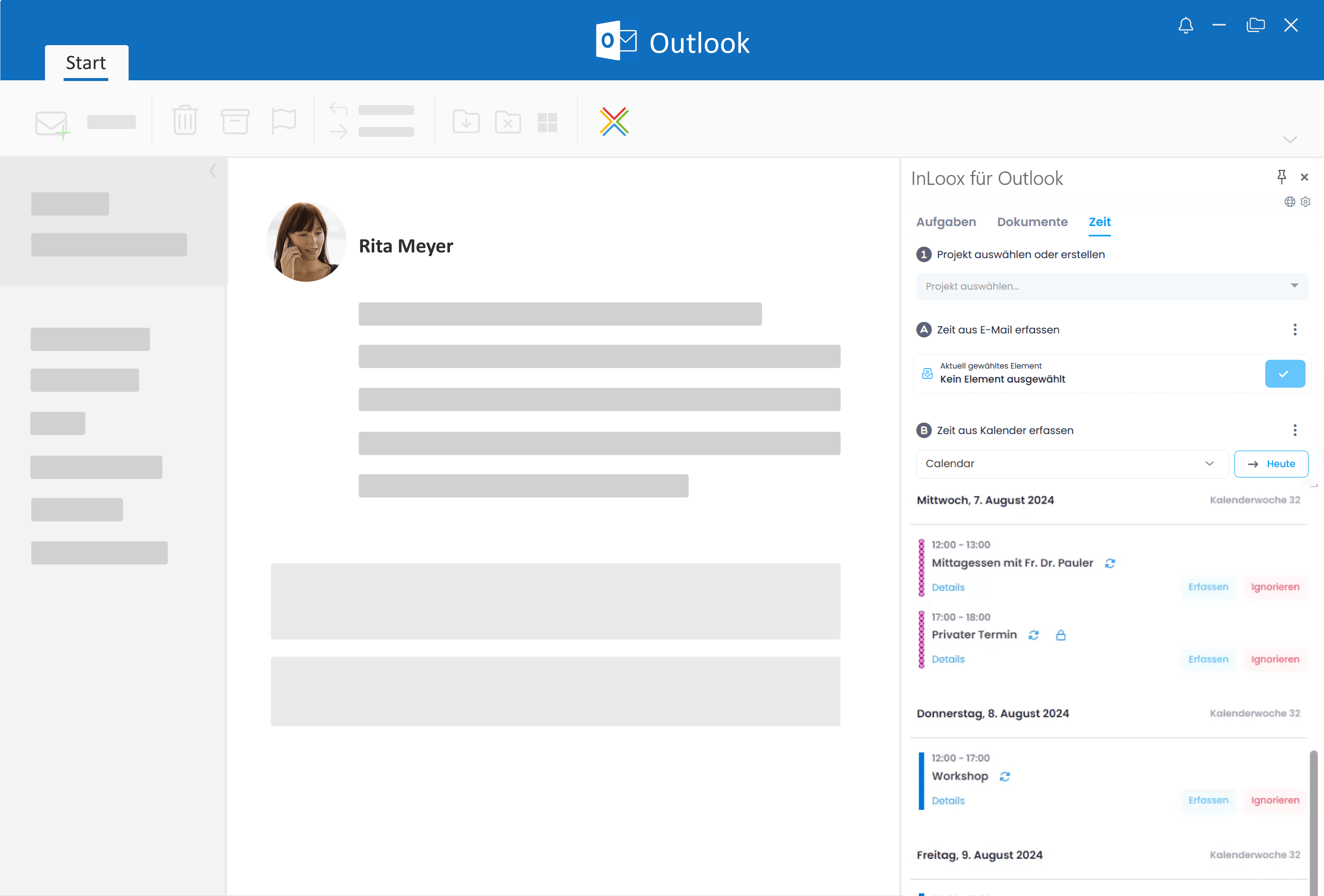 Zeit aus Outlook Kalenderterminen und E-Mails auf Projekte verbuchen