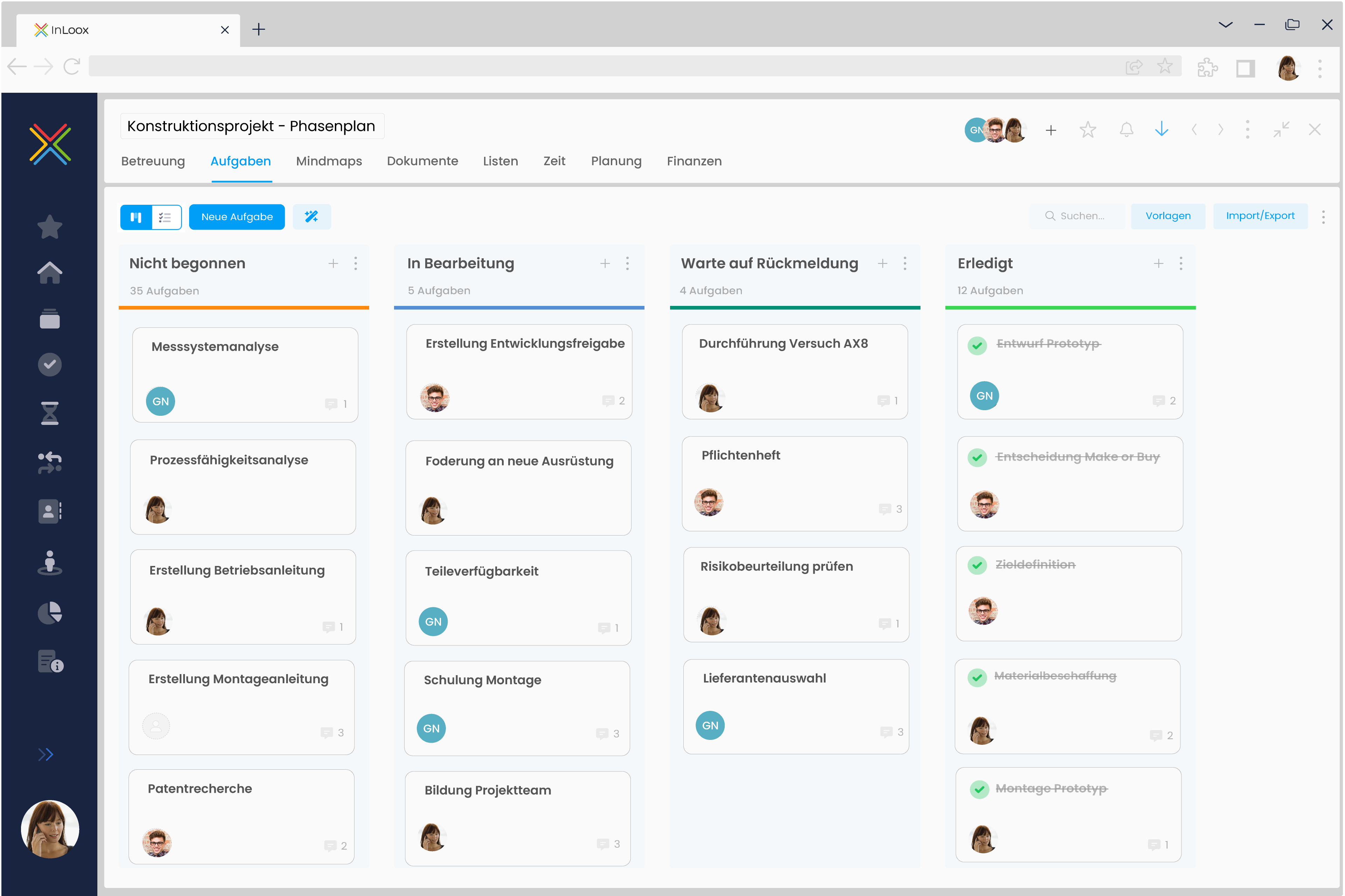 Kanban-Board eines Konstruktionsprojektes in InLoox