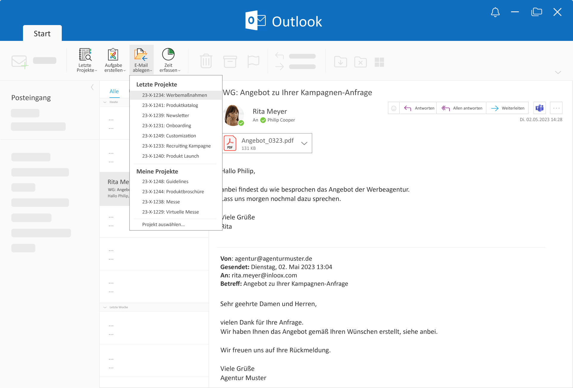 Komfortabel E-Mails aus dem Posteingang als Projektaufgaben oder -dokumente im Projektmanagement-Tool abzulegen erleichtert den Einstieg in das digitale Projektmanagement. ©InLoox GmbH