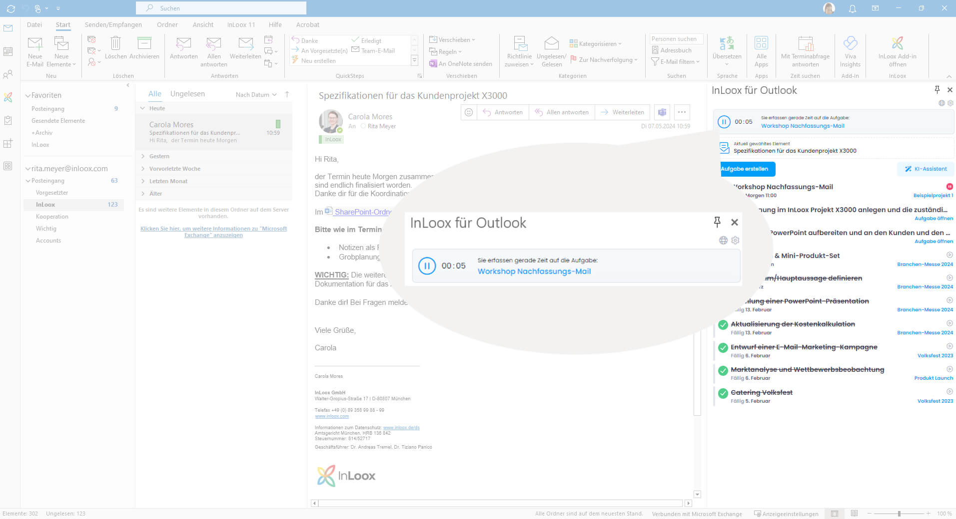 Zeiterfassung mit der Stoppuhr in InLoox für Outlook