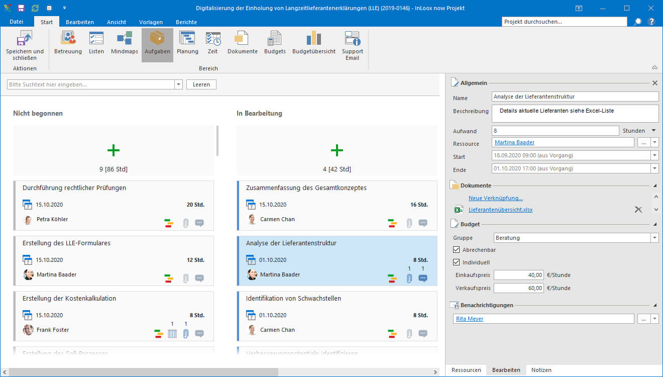 Kanban-Ansicht in der Projektmanagement-Software mit InLoox mit Aufgaben für ein Logistik-Projekt